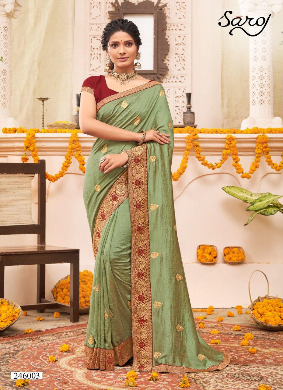 Saroj Pankhi Fancy Festive Wear Vichitra Silk Embroidery Work Saree Collection
